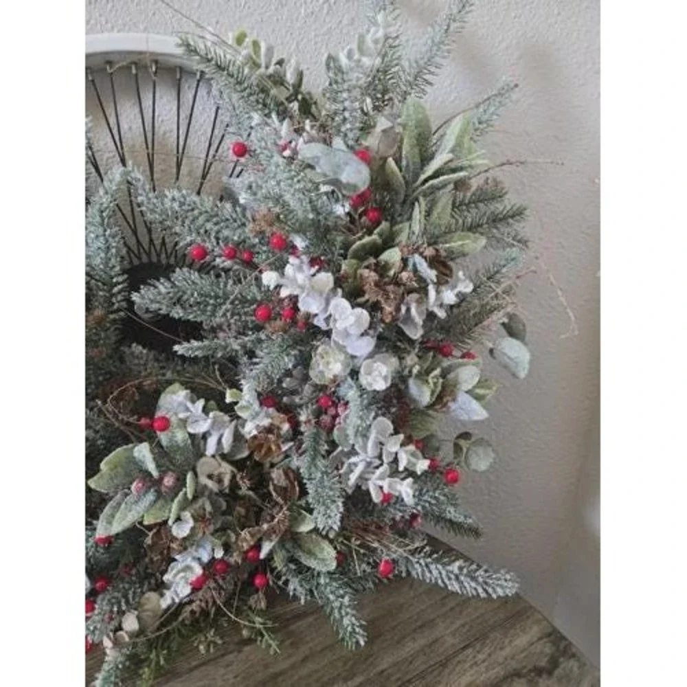 Vintage Bicycle Wheel Christmas Wreath Door Hanger Frosted Glitter Greenery